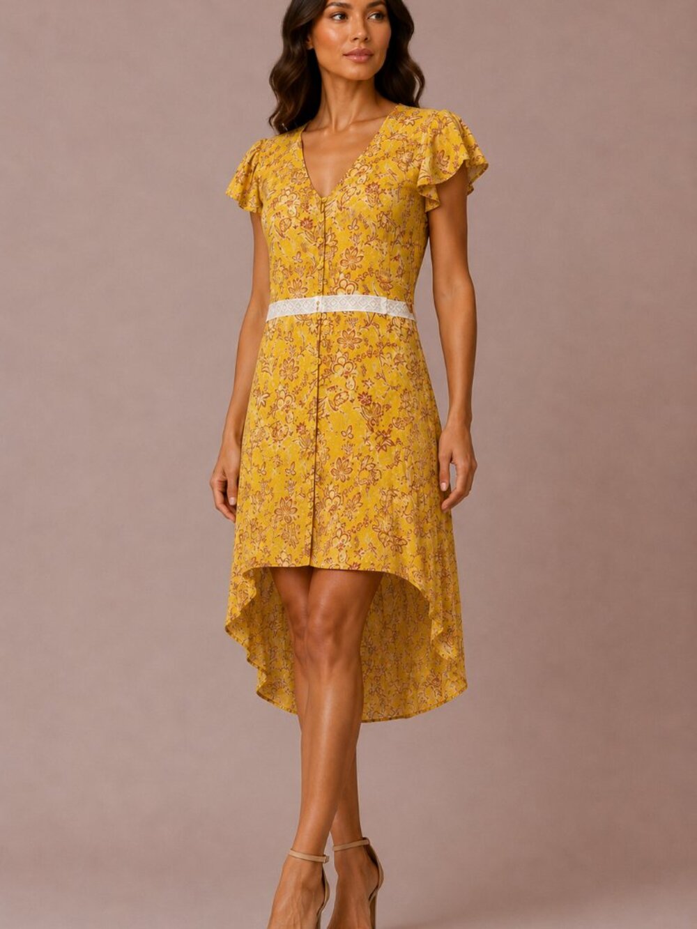 Cato Boho Floral High Low Midi Dress Yellow Crochet Trim Cottagecore L